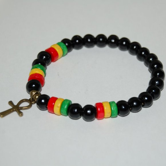 Ankh Cross Bracelet,Rasta Bracelet,Ankh Cross Rasta Bracelet,Wood Bracelet - Picture 2 of 3